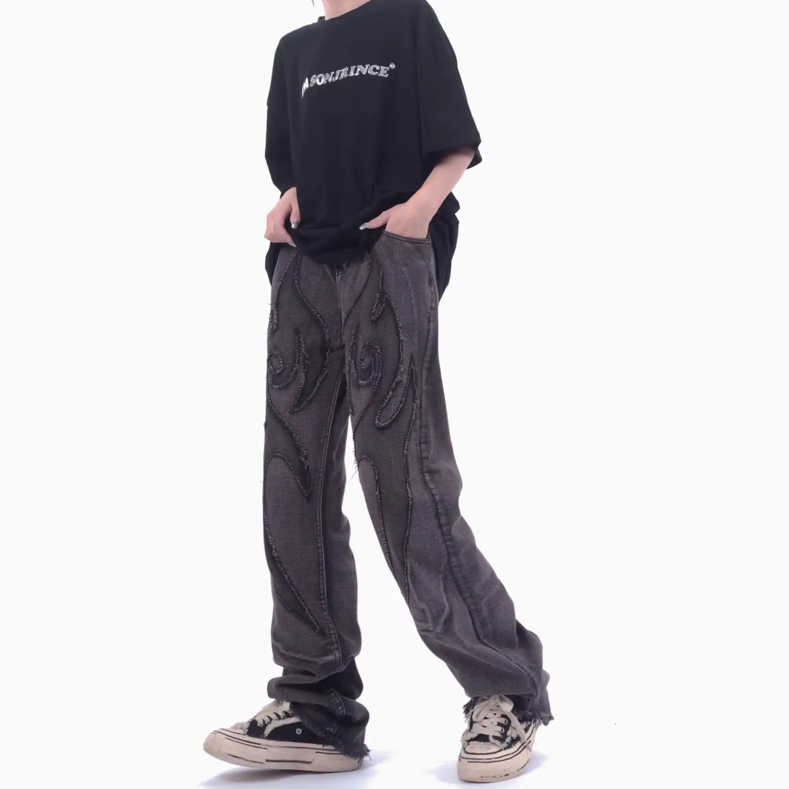 

Джинсы Y2K мужские с вышивкой, уличная одежда в стиле ретро, прямые потертые брюки из денима с завышенной талией, с эффектом потертости, на пуговицах