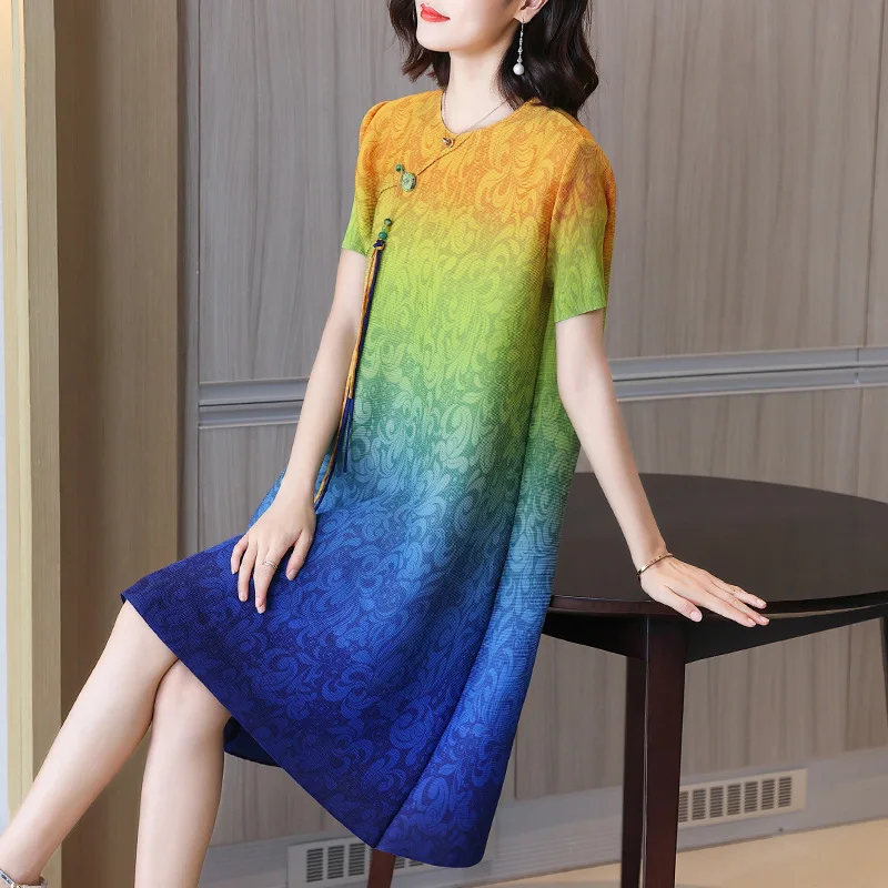 

Retro Improved Cheongsam Mother Dress Summer Short-sleeved Miyake Dress 2022 New Fashion Print Loose Plus Size Women's Clothing
