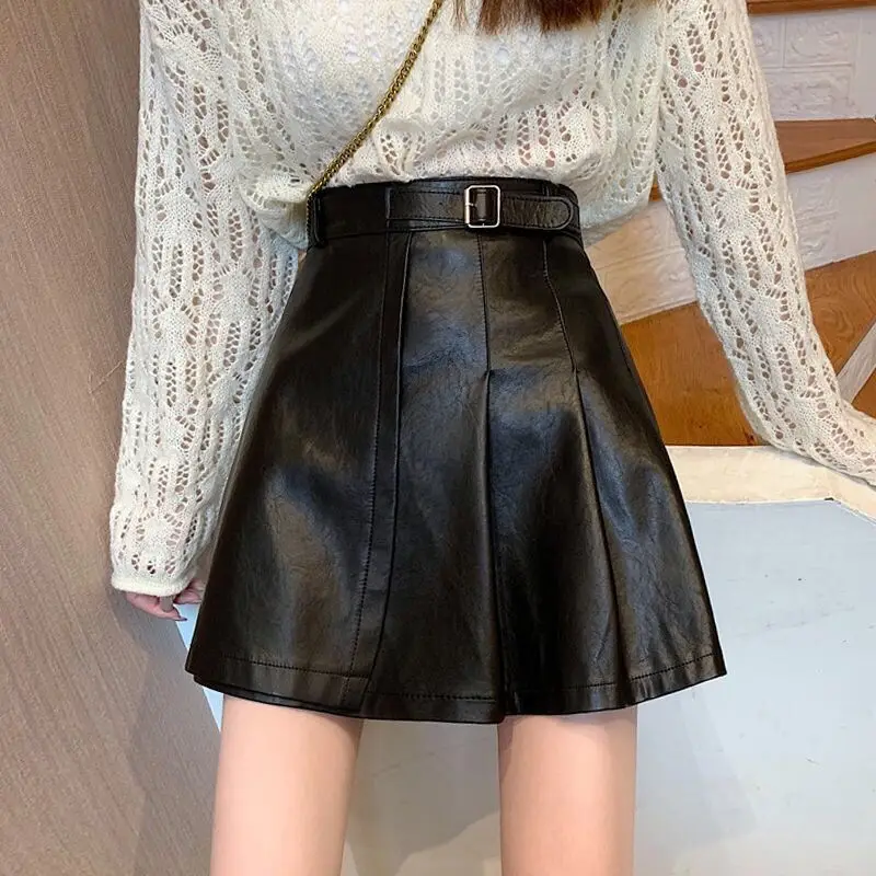 

Stylish PU Leather Mini Skirts with Belt Autumn Winter New Women High Waist Solid Color A-line Bodycon Skirts Female Bottom X96