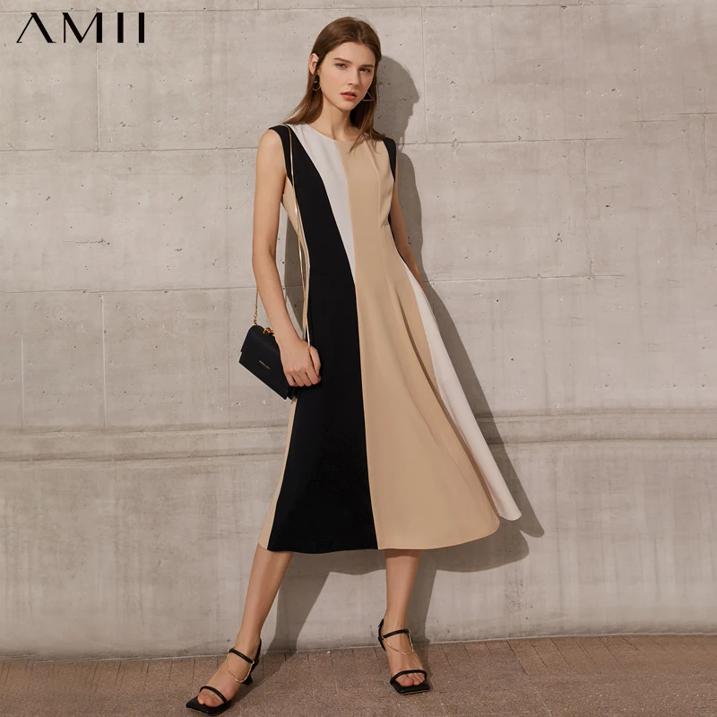 

Amii Minimalism Women's Summer Dress Offical Lady Patchwork Oneck Aline Calf-length Women's Chiffon Dress Beach Dress 12140416