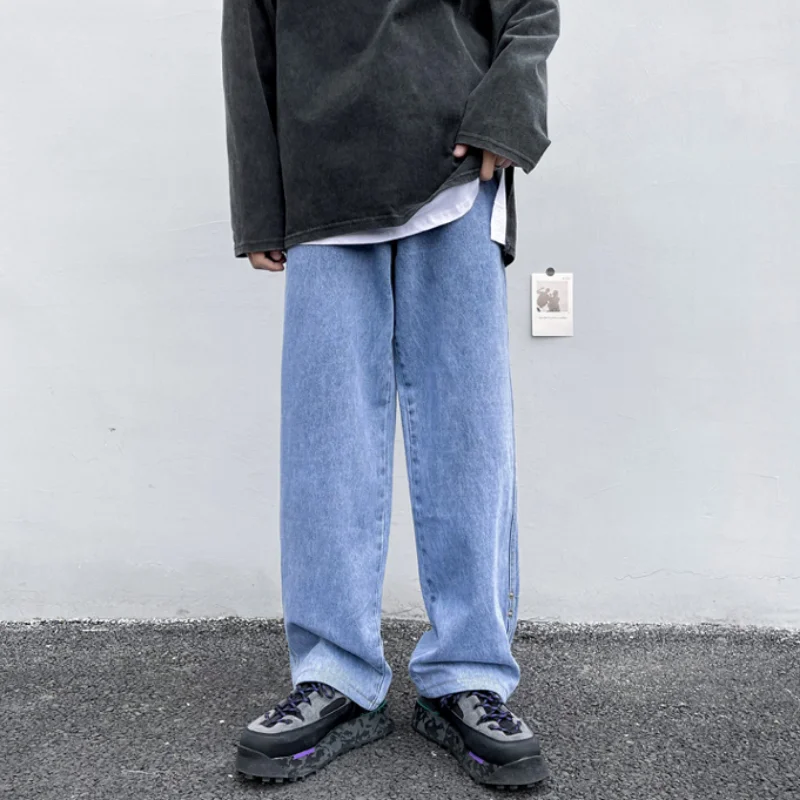 DEEPTOWN Vintage Straight Jeans Men Classic Solid Casual Denim Pants Retro Loose Streetwear Trousers Male Black Blue Spring