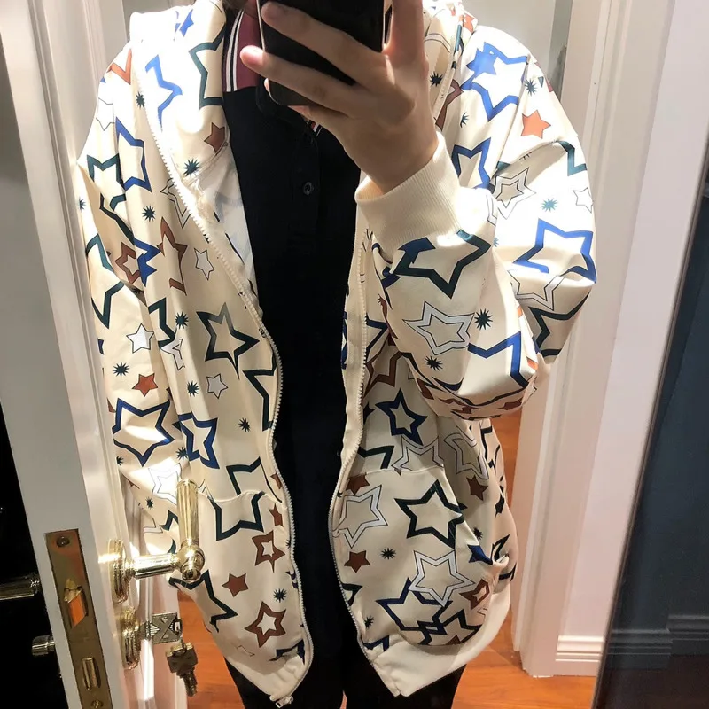 Y2k толстовки с принтом пятиконечной звезды женские свободные рубашки капюшоном