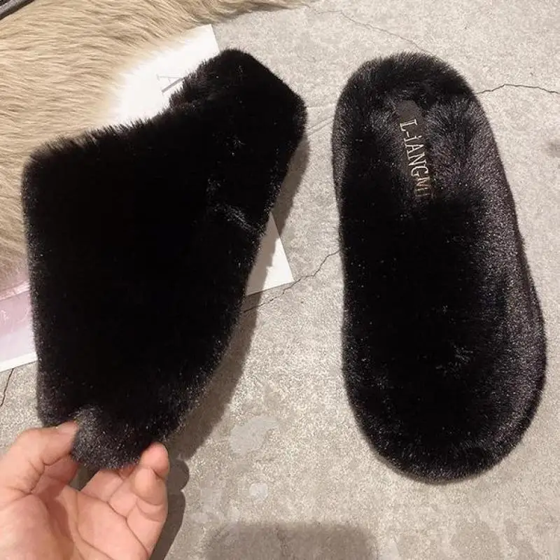 Winter Women Fluffy Fur Furry Thick Platform Home Slippers Female Warm Plush Non Slip Flip Flops Shoes