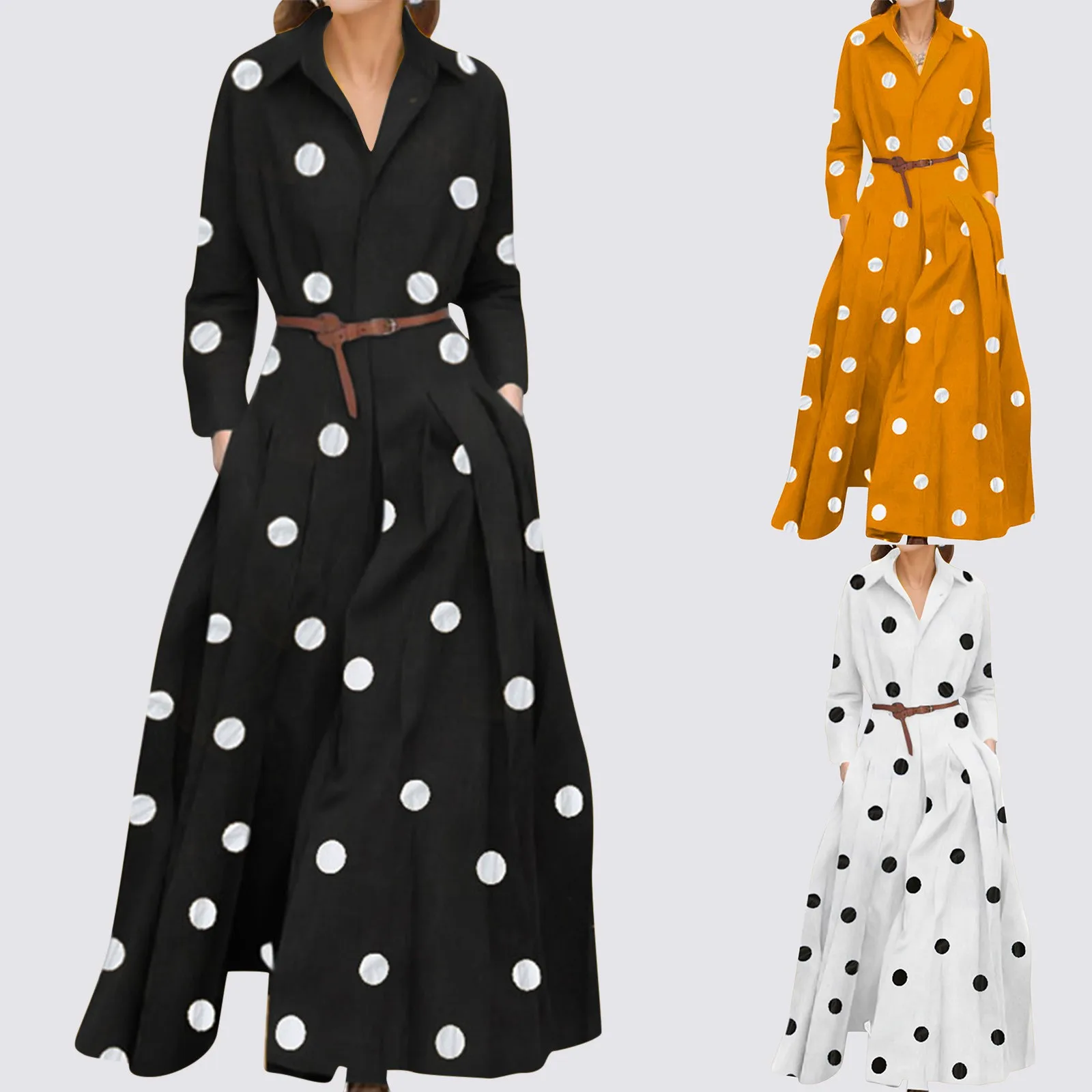 

Autumn Lapel Long Sleeve Ladies Elegant Polka Dot Fashion Long Dress Casual Holiday Dress Womens Dress Midi