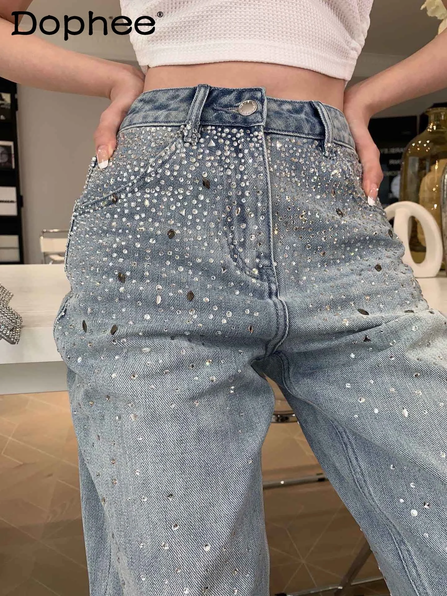 

Summer 2023 Spring New Rhinestone Split Flared Jeans Women's Design Baggy Pants Straight Waist Denim Trousers High Street