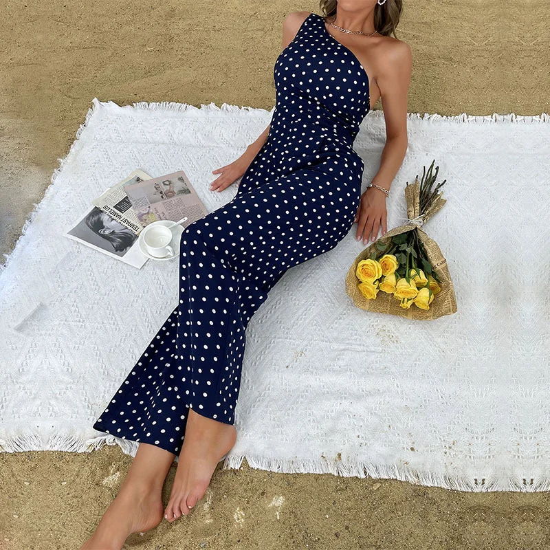 

New summer wave point micro horn pants blue printed Jumpsuit