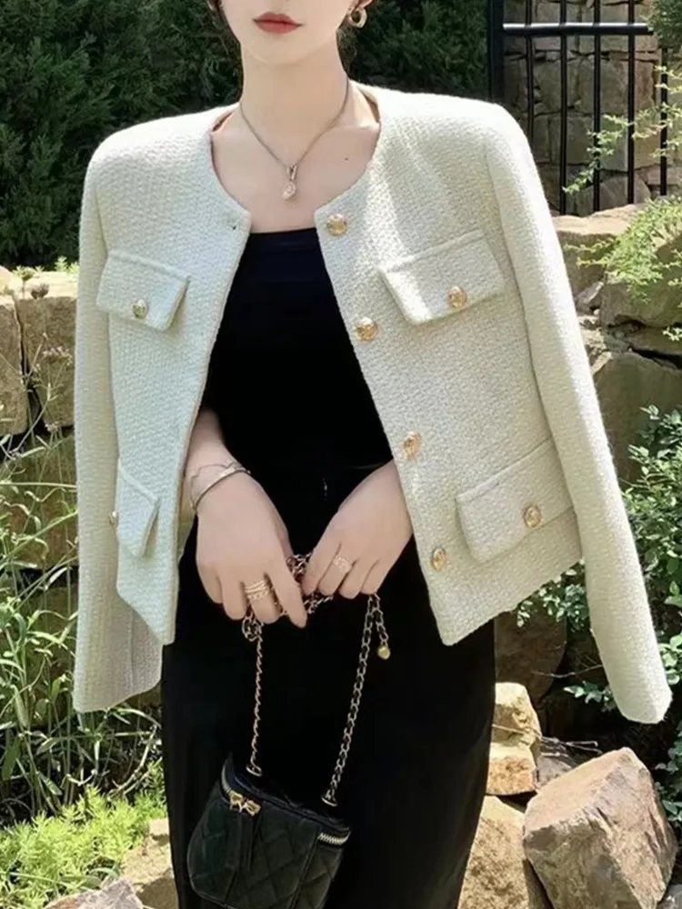 

Женское шерстяное пальто, черное твидовое элегантное пальто, весна-осень 2023