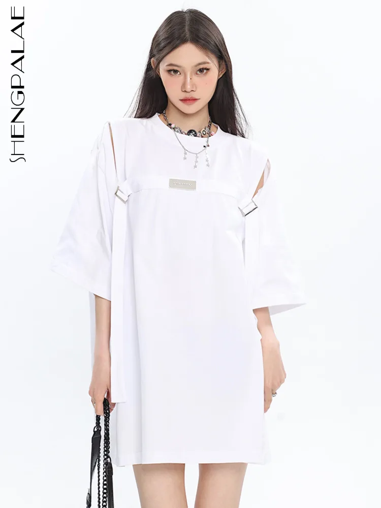 

SHENGPALAE O-Neck Tee Top Korean Version Zipper Hollow Ribbon Design Loose Streetwear Women's T-shirt 2023 Summer Clothes 5R1550