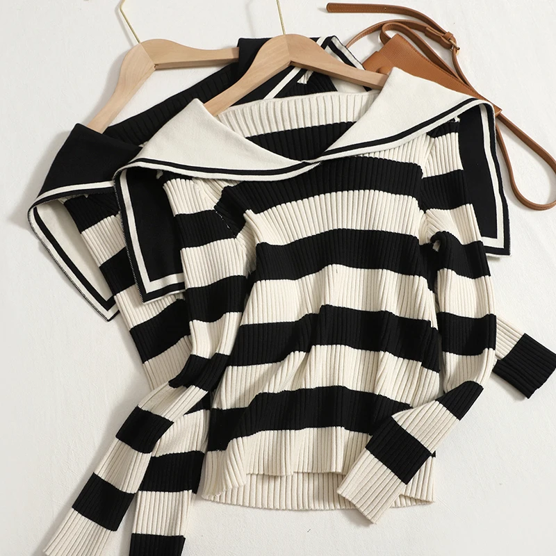 

Шикарные Модные женские топы Hikigawa, корейский воротник-шаль, вязаный свитер в полоску с длинным рукавом, повседневный тонкий пуловер, Топ для...