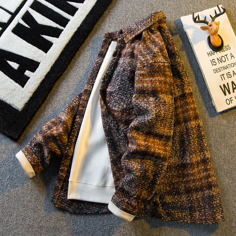Рубашка мужская шерстяная в клетку, модная повседневная Свободная куртка в стиле ретро, верхняя одежда с лацканами, Осень-зима