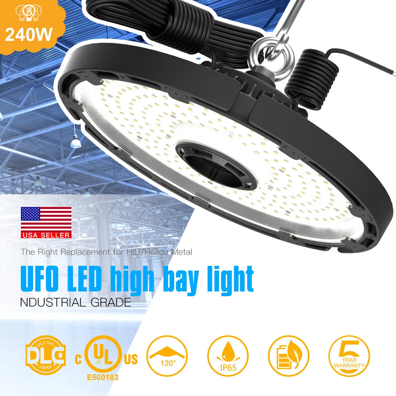 LED High Bay Light 240W UFO 5000K 36,000LM,0-10V Dimmable,1000W HID/HPS Replacement,UL 6-Foot Cable Shop Light,Garage, Warehouse