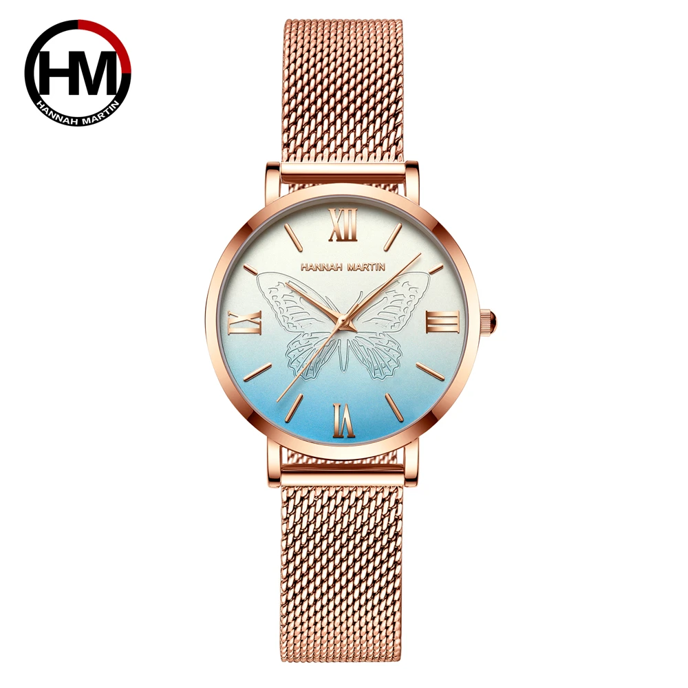 

2021New Women's Watch Luxury 3D Butterfly Rose Gold Mesh Strap Japanese Movement Waterproof Quartz Women Wristwatch Montre Femme