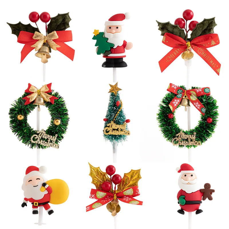 

Cartoon Christmas Party Old Man Elk Gift Snowman Bell Cake Topper Happy New Year Gift Dessert Cupcake Baking Supplies Decoration