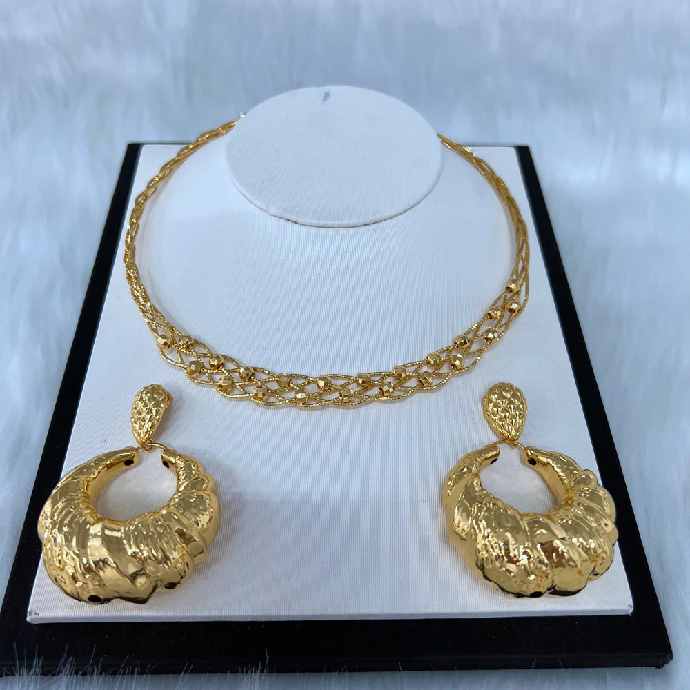 Dubai Gold Plated Jewelry Sets For Women Wedding Bridal Jewelry Sets Large Hoop Earrings Dubai Gold Color Jewelry Sets For Women