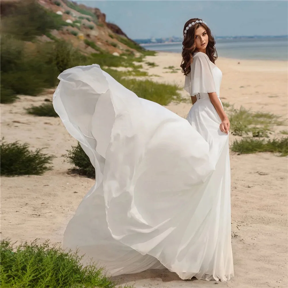 Фото Простое шифоновое пляжное свадебное платье для женщин Csutom Robe De Mariee индивидуальный платье сердечко вырез трапециевидный богемный свадебный №2