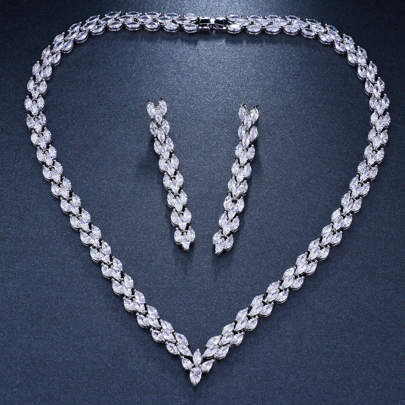 

Exquisite Cubic Zirconia Wedding Party Jewelry Set Women Silver Color High Quality CZ Bridal Necklace Earring Anniversary Gifts