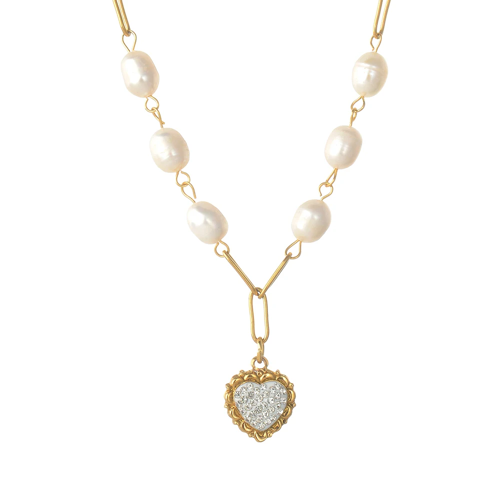 

Necklace for Women Heart Pendant Lover Crystal Rhinestone Pearl Stainless Chain Gold Color Fashion Valentine's Day Gift Jewelry