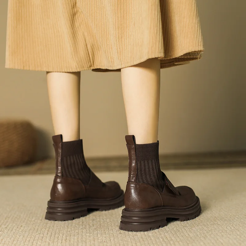 Women Platform Chelsea Sock Boots Autumn Winter New Fashion Ankle Genuine Leather Casual Shoes Motorcycle Botines De Mujer Sexy