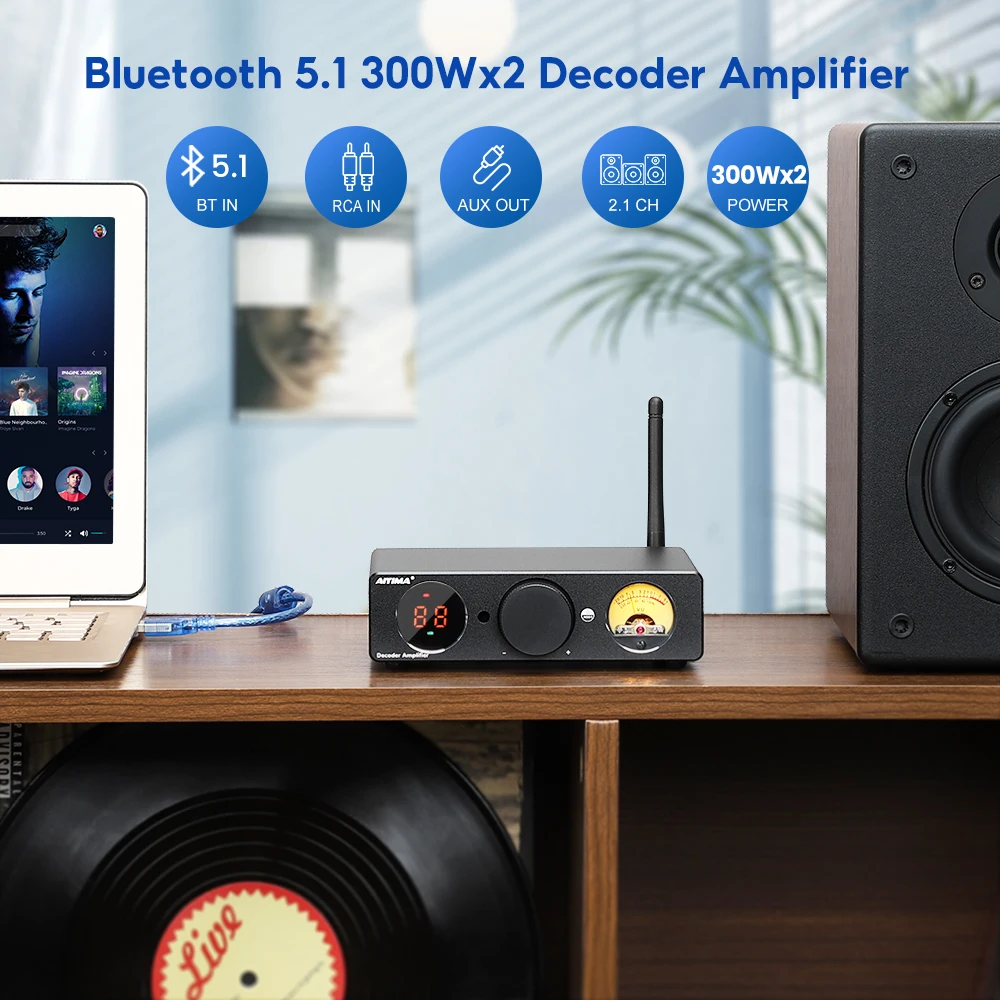 AIYIMA Bluetooth усилитель мощности 300 Вт × 2 стереозвуковой декодер с VU-метром USB ATPX-HD