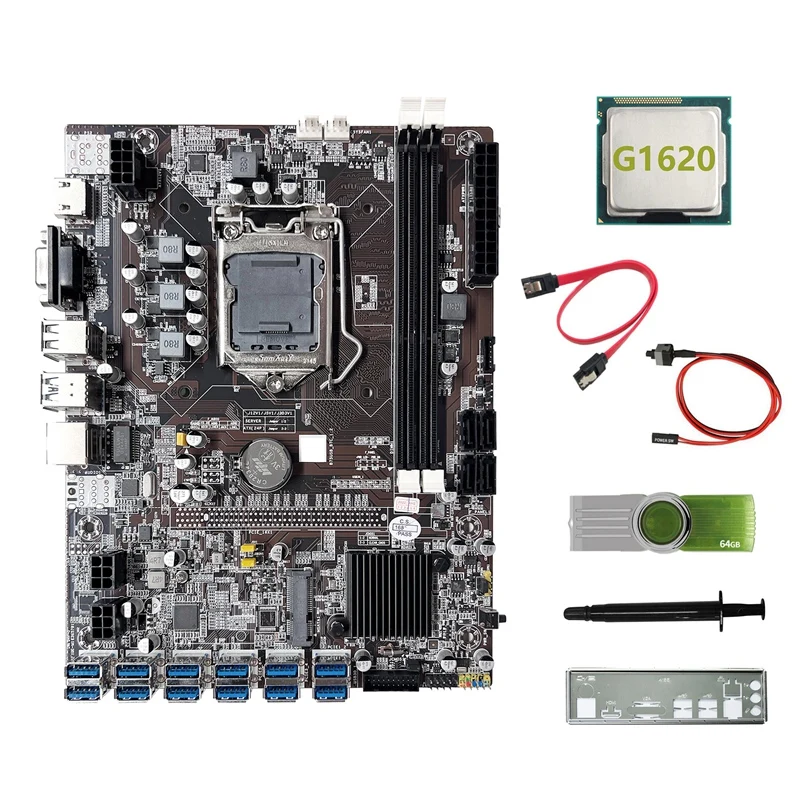 

B75 ETH Mining Motherboard 12USB3.0+G1620 CPU+64G USB Driver+SATA Cable+Switch Cable+Thermal Grease+Baffle For BTC Miner