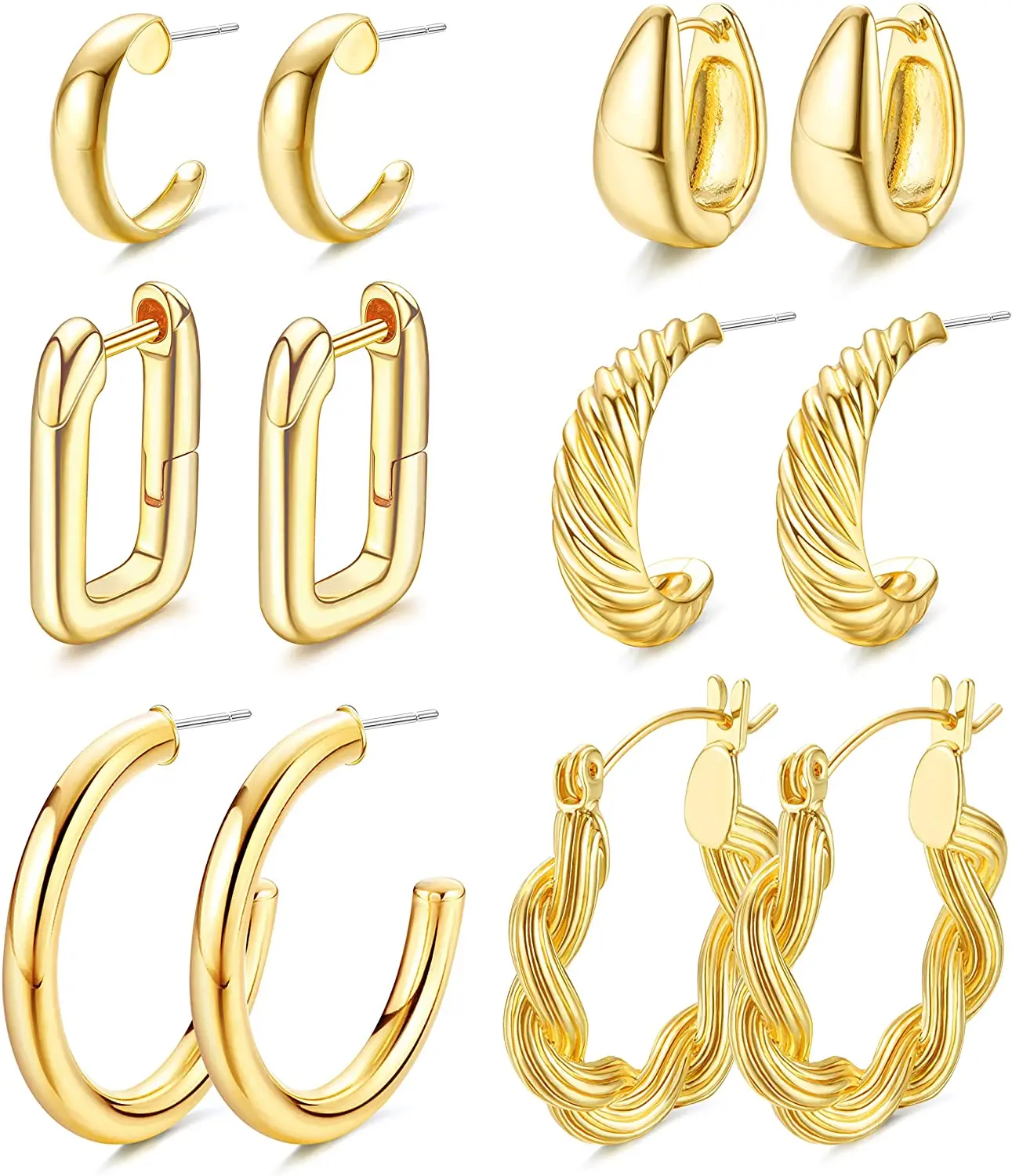 

6Pairs Gold Chunky Hoop Earrings for Women 14k Gold Plated Thick Twisted Open Hoop Earrings Huggie Hoop Earring Set Jewelry Gift