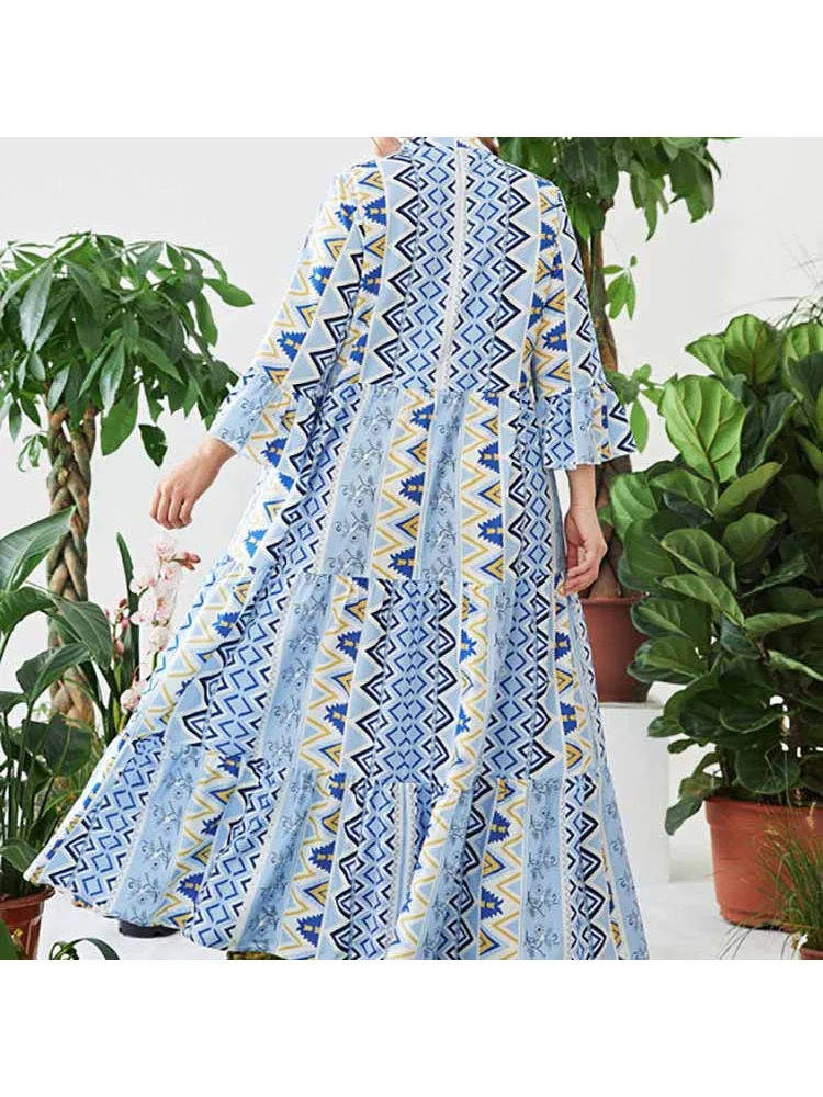 Plus-size new blue print skirt elastic waist dress women's wear plus size women clothing dress