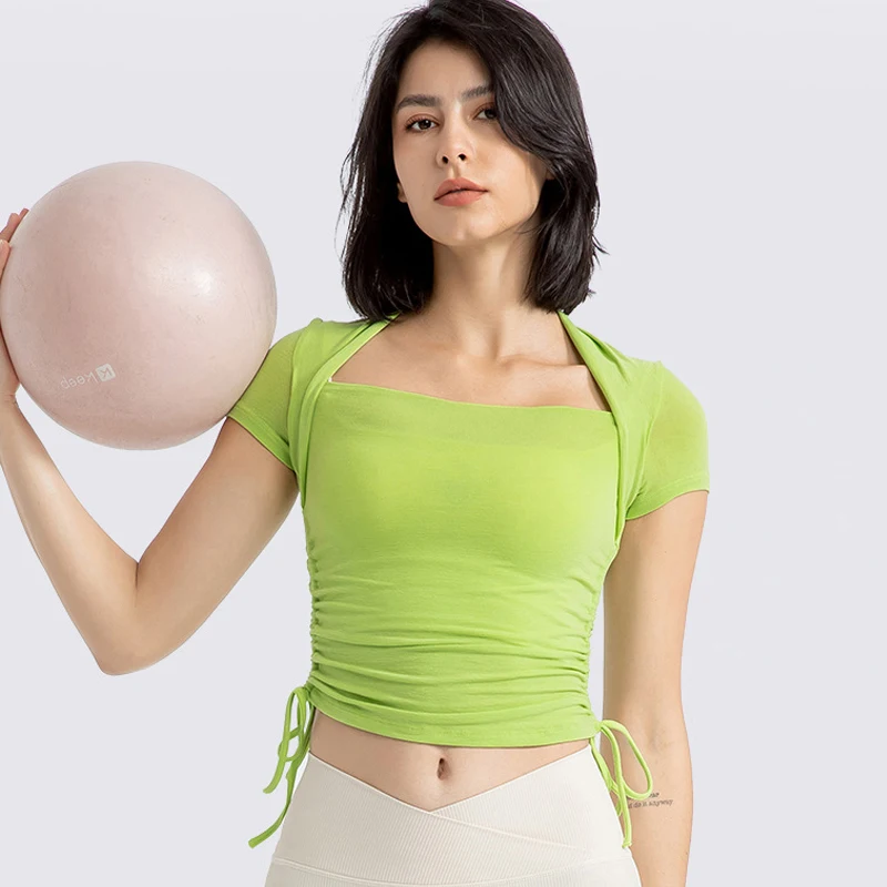 

Short Sleeve Fitness Yoga T-Shirt Women Solid Color Side Drawstring Workout Running Top Breathable Pilates Gym Shirt Sportswear