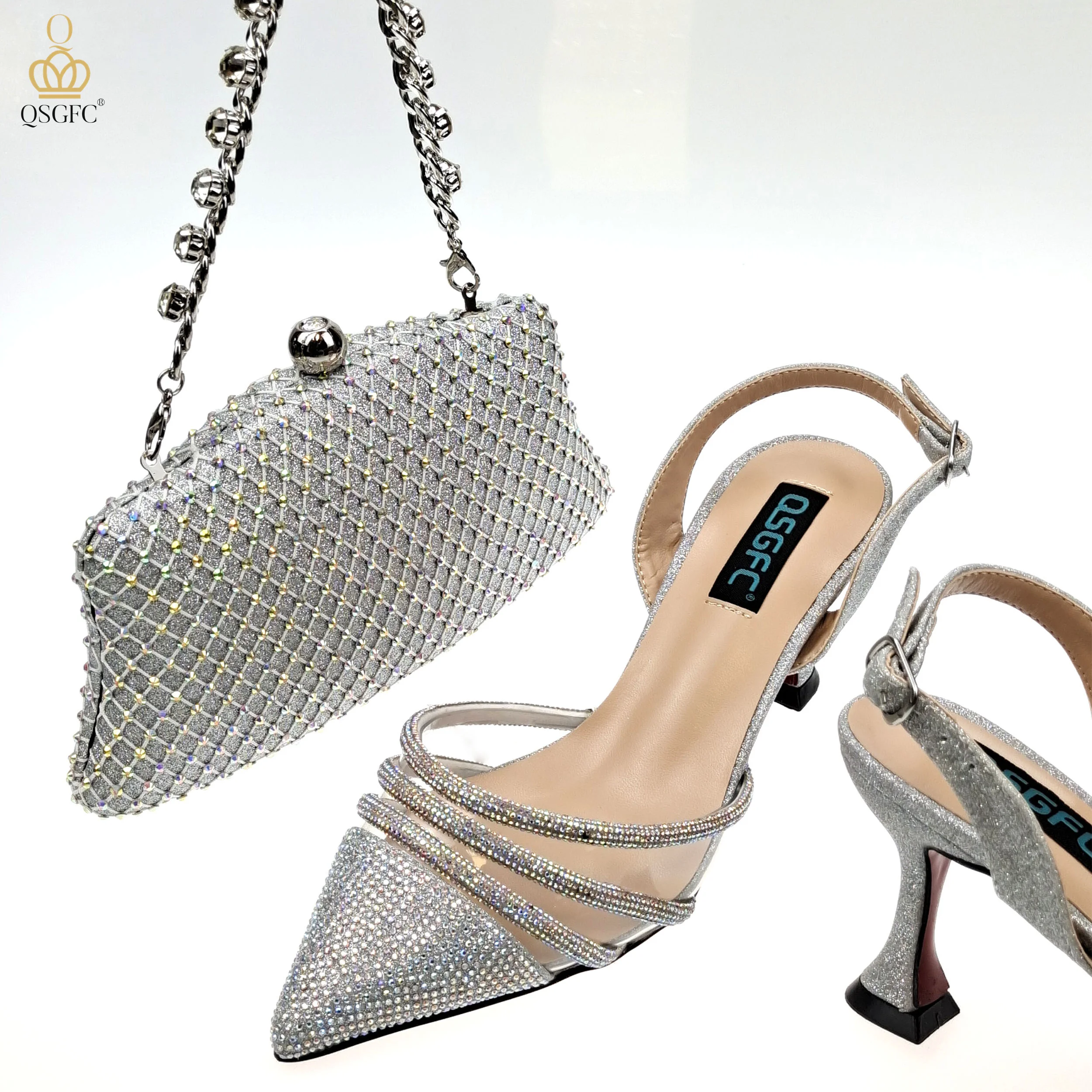 

QSGFC Africa's New Elegant And Intellectual Full Diamond Decoration High Heels SILVER Women's Shoes And Party Wedding Bags