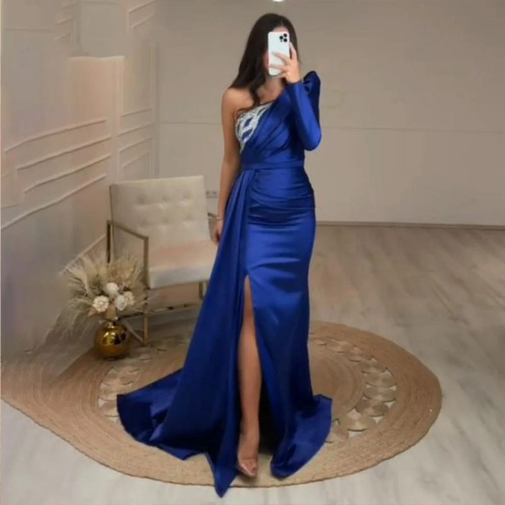 

Modern Evening Dresses For Women V-Neck One Shoulder Full Sleeve Prom Gowns Satin Mermaid Sweep Train فساتين سهره فاخرة طويلة