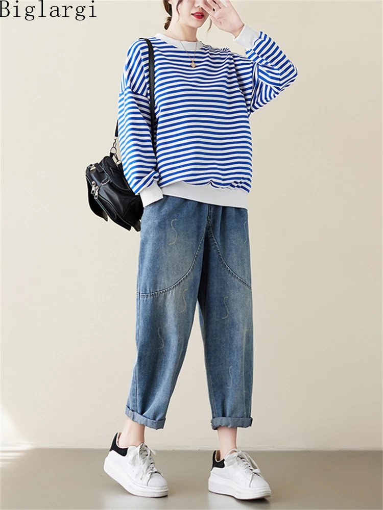 

Oversized Autumn Winter New Casual Women Striped Sweatershirt 2022 Korea Ladies Cotton Hoodie Vintage Loose Sweatershirts Tops