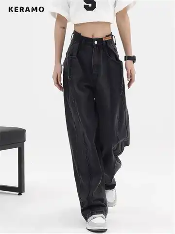 2023 Women Baggy  Long Jeans Harajuku Black Wide Leg Trousers Streetwear Vintage High Waist Denim Pants Big Pocket Y2k Feamle