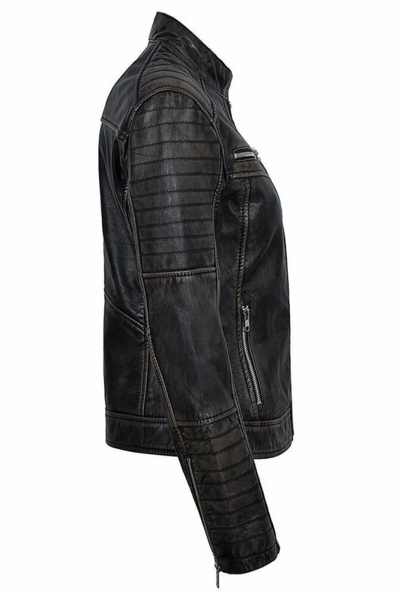 Womens Cafe Racer Moto Biker Distressed Black Vintage Real Sheep Leather Jacket