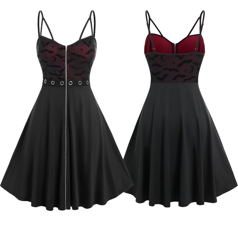 

Halloween Full Zipper Bats Spiders Printed Grommet Dresses 5XL Women Spaghetti Straps High Waisted Backless Party Dress Vestidos
