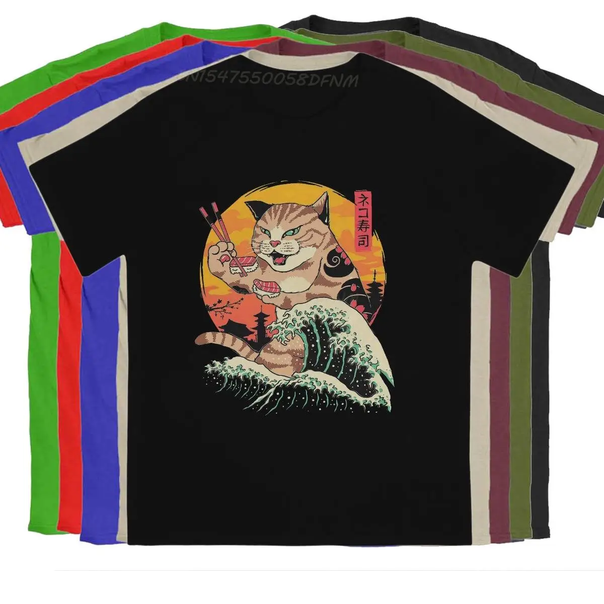 

Japanese Art Newest T Shirt for Men Neko Sushi Wave Camisas Basic T-shirts Male Promotion Christmas Gifts Tops Oversized T-shirt
