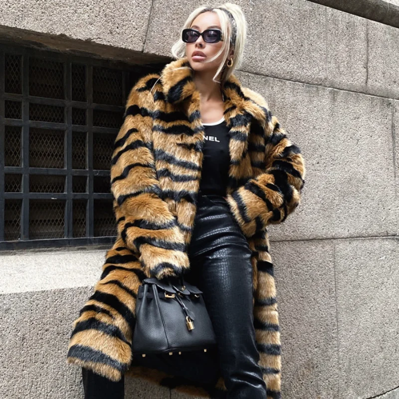 Ladies Fur Coat Imitation Tiger Pattern Lengthened Faux Fur Coat Fashion Trend Loose Coat Coat