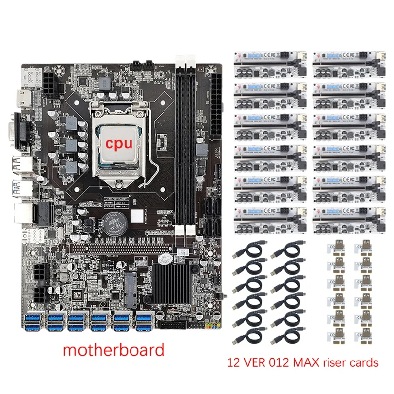 

B75 12 GPU Mining Motherboard+CPU+12X VER012 MAX Riser Card 12 USB3.0 To PCIE 1X Slot LGA1155 DDR3 SATA3.0 For BTC/ETH