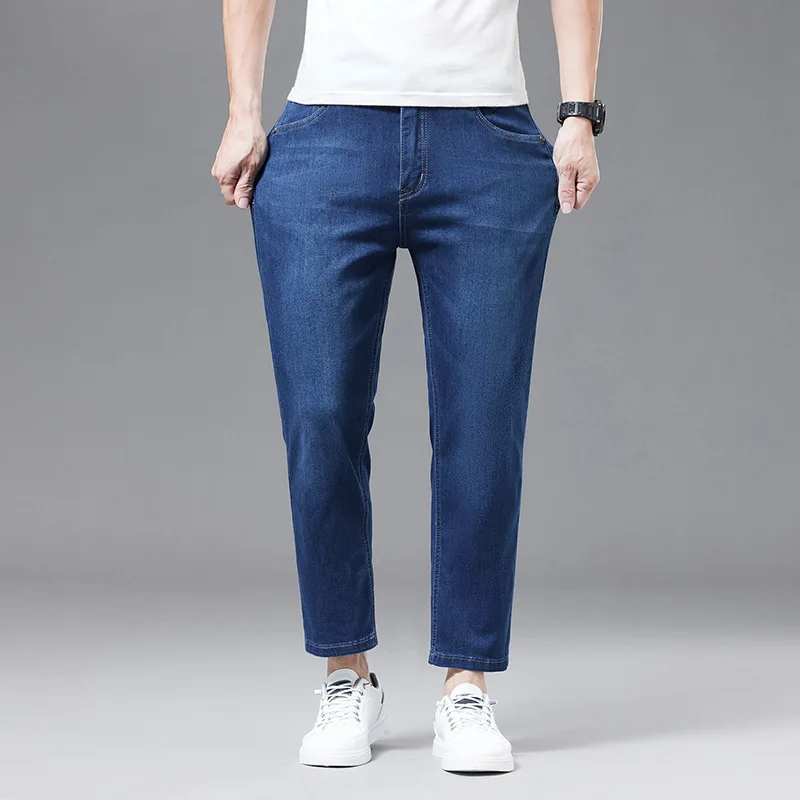 Летние мужские джинсы укороченные брюки облегающие прямые повседневные