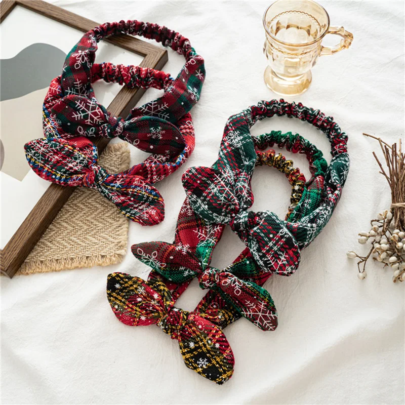 

1PC Christmas Bow Headband Rabbit Ear Knotted Elastic Hair Band Soft Grid Hairbands Christmas Plaid Print Turban Headwrap DIY