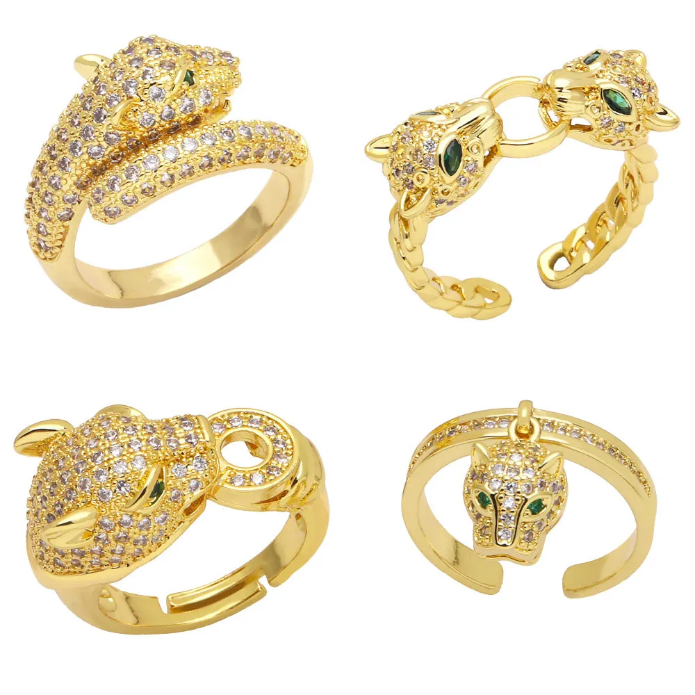 

INS Fashion Gold Plated Cubic Zircon Leopard Panther Ring Adjustable Women Men Animal CZ Open Ring Jewelry Christmas Gift Party