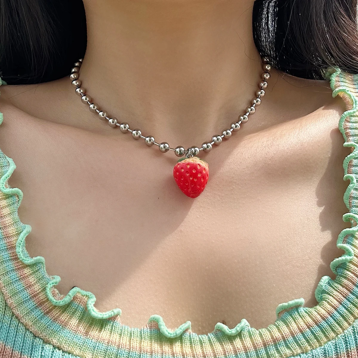 

Salircon Korean Cute Red Acrylic Strawberry Pendant Choker Punk Iron Bead Chain Short Necklace For Women Trend Y2K Neck Jewelry