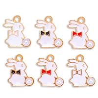 20pcs pink rabbit pearl animal alloy enamel pendant for jewelry findings diy cartoon animal charms necklaces earrings making