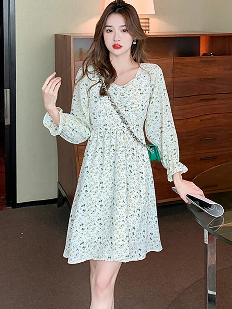 Women Floral Chiffon Beading Square Collar Mini Dress Spring Summer Fashion Light Beach Dress 2023 Korean Elegant Bodycon Dress