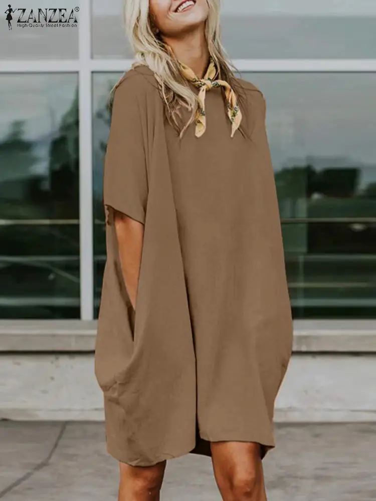 Платье ZANZEA женское с круглым вырезом и коротким рукавом однотонное плявечерние