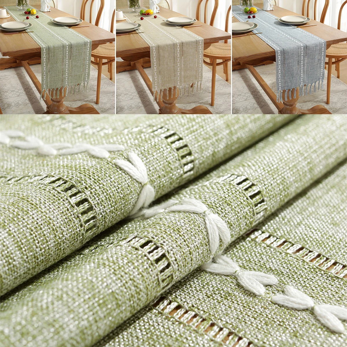 Table Runner with Hand-Tassels Vintage Woven Dresser Scarf Farmhouse Rustic Table Cover Polyester Rectangular Dresser Decor for