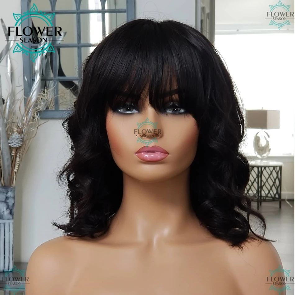 

Short Body Wave Bob Wigs With Bangs Glueless Full Machine Virgin Brazilian Human Hair Wig With Fringe For Women Flowerseason