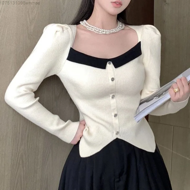 

French Bubble Sleeve Knitted Sweater Long Sleeves Underlay Shirt Elegant Chic Soft Warm Knitwear Tops Women Autumn Clothes