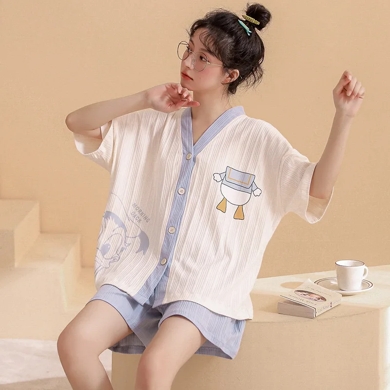 Cotton Women Pajamas Sets Cartoon Pyjamas Female Loungewear Pijamas Short Sleeve Button Down Top Shorts Suit Sleepwear Nightwear