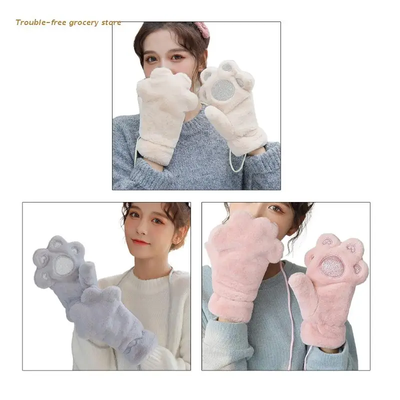 

Student Winter Plush Kitten Gloves Stretchy Warm Full-fingers Rope Around Neck