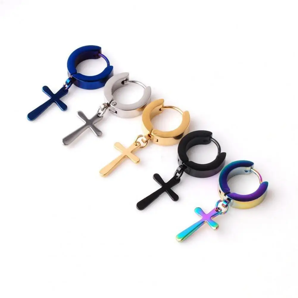

1Pc Unisex Dangle Earring Cross Korean Style Stainless Steel Simple Bright Luster Hoop Earring for Daily Wear