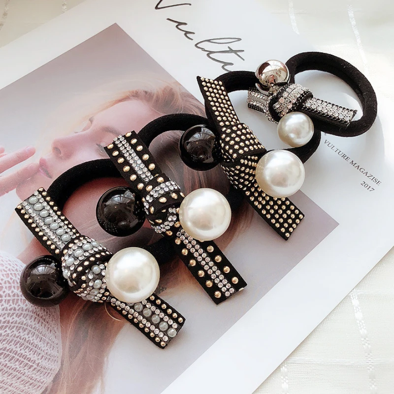 Корейская Ретро черная белая жемчужная резинка для волос повязка на голову
